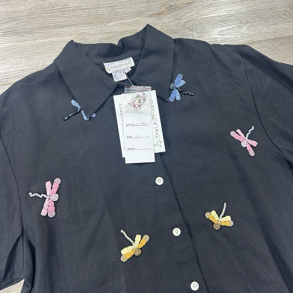 VTG Casey Coleman 1X Black Linen Embroidered  Beaded Dragonflies‎ Button Down